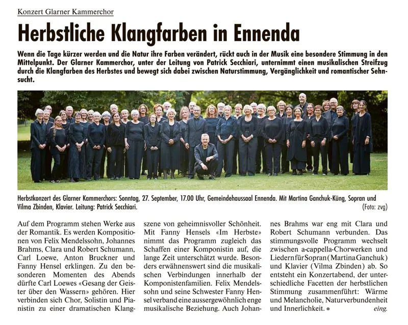 Vorschau Linthzeitung Herbstkonzert Glarner Kammerchor